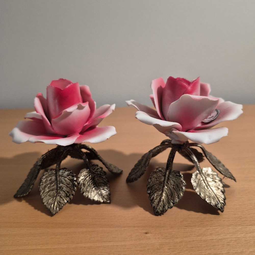 Capodimonte porcelain rose candle holders
